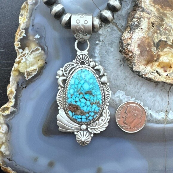 Sterling Southwestern Style Large Egg-shape Kingman Turquoise Pendant For Women - Picture 8 of 10